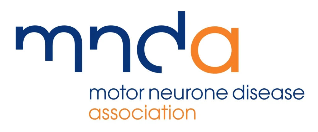 The logo for the Motor Neurone Disease Association features the stylised blue and orange letters mnda above the words motor neurone disease association, with association in orange and the rest in blue.