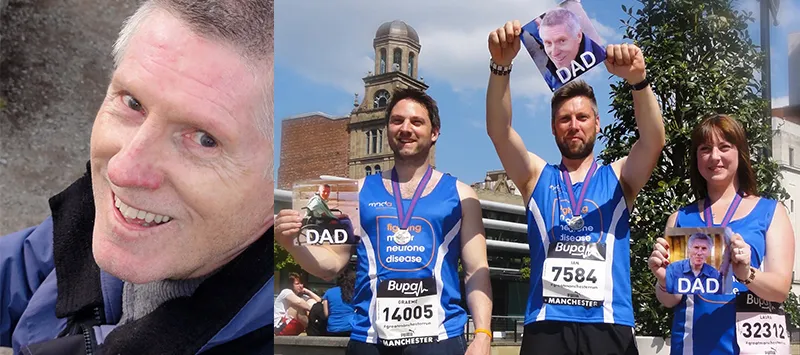 A smiling older man is on the left. On the right, three marathon runners in blue shirts hold medals and photos labelled “DAD,” posing proudly after finishing a race, with a cityscape and clock tower in the background.