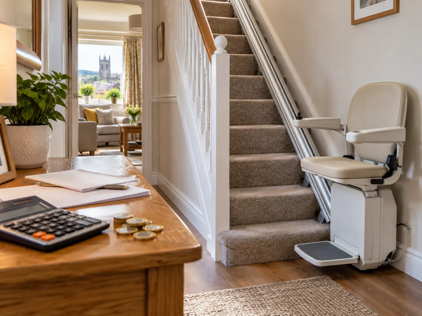Stairlift engineer answering questions from an older couple beside a fitted stairlift in their Derby home