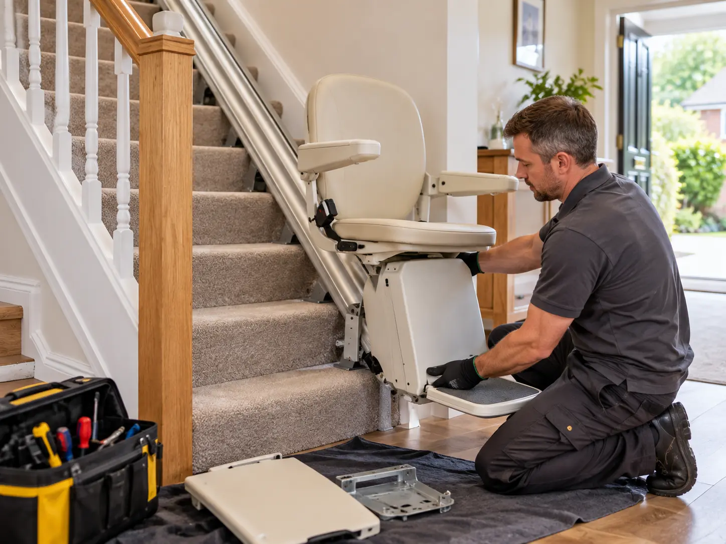 Engineer removing a stairlift from a staircase in a Derby home as part of a stairlift removal and buyback service